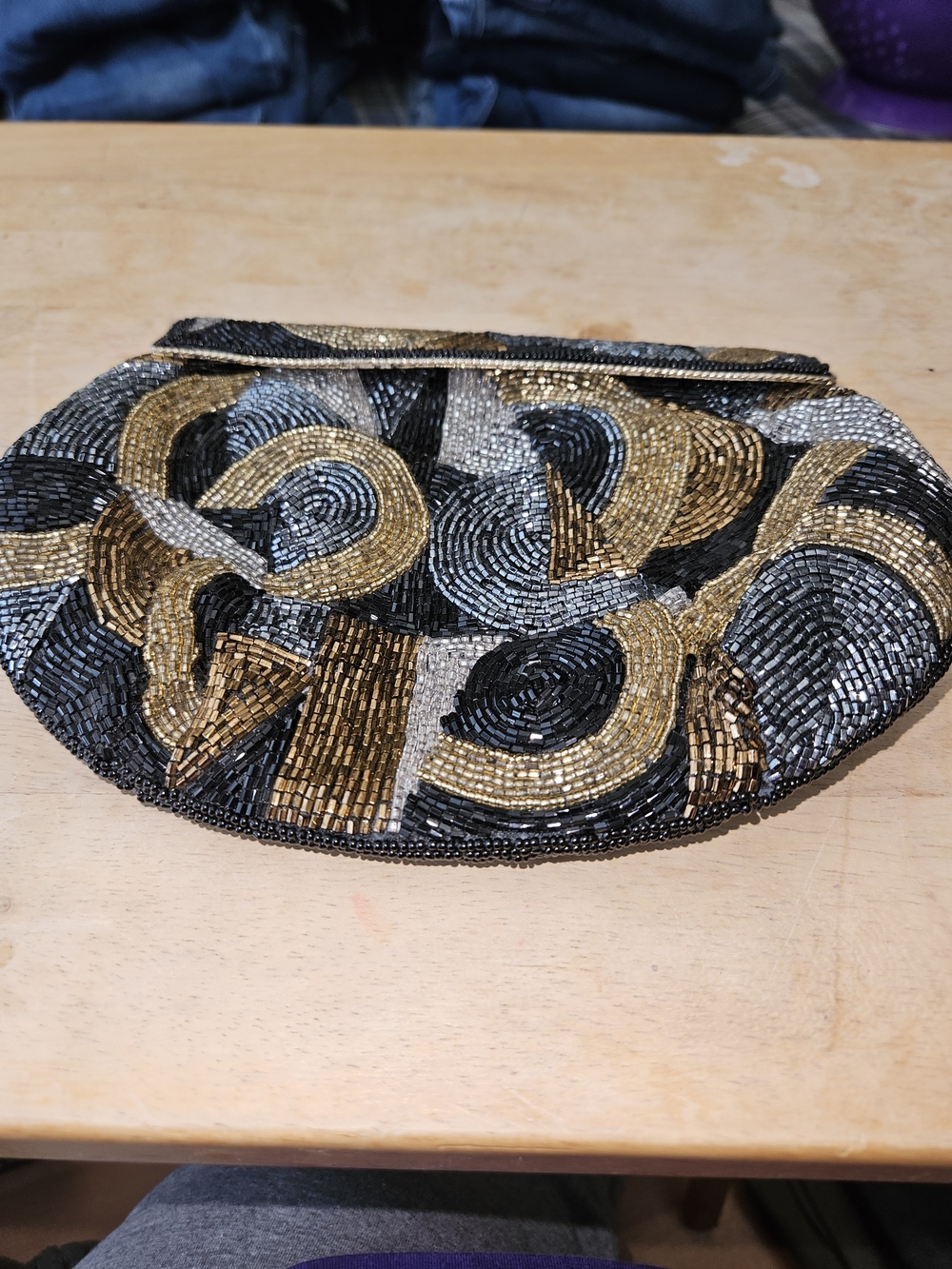 Source Unknown Black, Gold & Silver Beaded Swirl Clutch